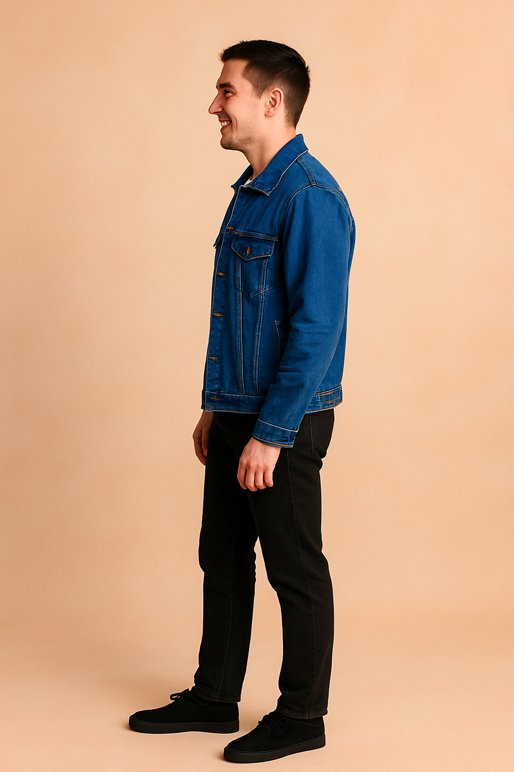 Side view of a classic blue denim jacket with button-up front, chest flap pockets, and structured seams, paired with black slim-fit pants and black shoes for a sleek casual look.