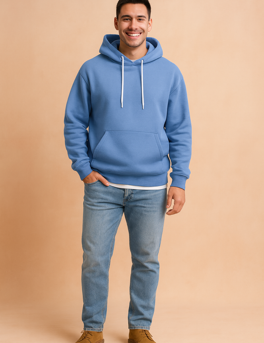 Stylish sky-blue hoodie paired with light denim jeans and tan suede shoes, featuring a clean casual fit with white drawstrings and kangaroo pocket.