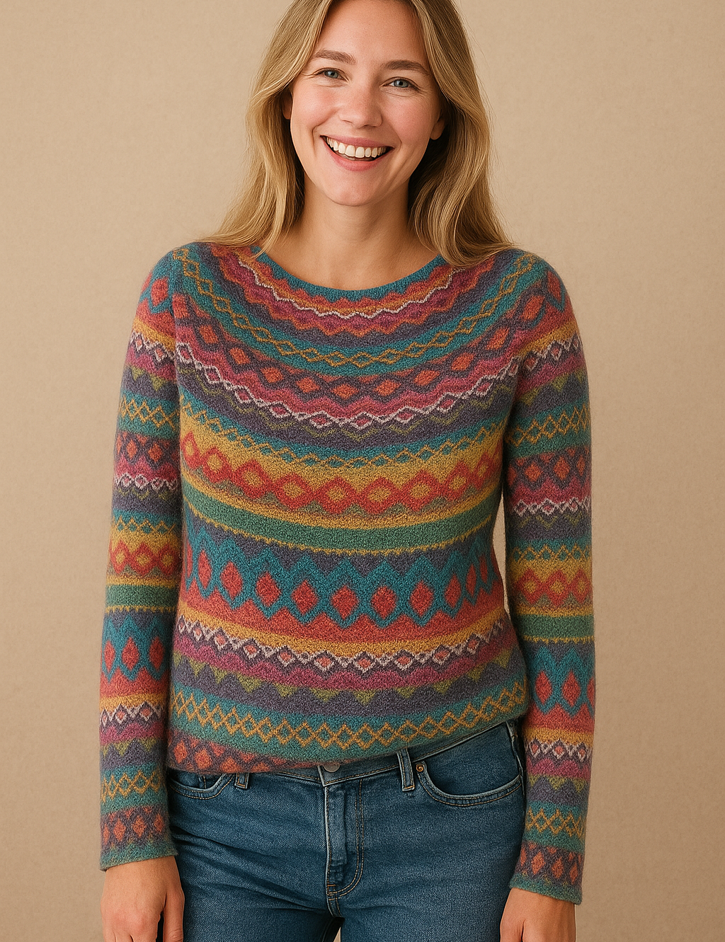 Color-rich Fair Isle sweater in a fitted silhouette with long sleeves and crew neck, featuring a multicolored geometric knit, styled with mid-rise denim jeans.