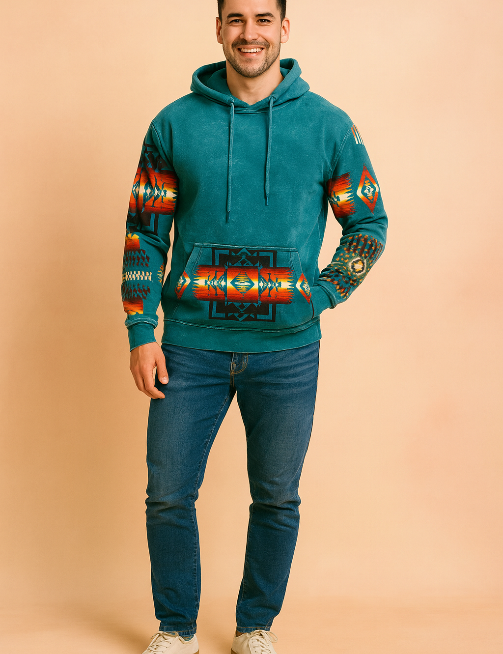 Vibrant turquoise hoodie with bold Southwestern geometric patterns in red, orange, and black on the sleeves and kangaroo pocket, featuring a relaxed fit and drawstring hood.