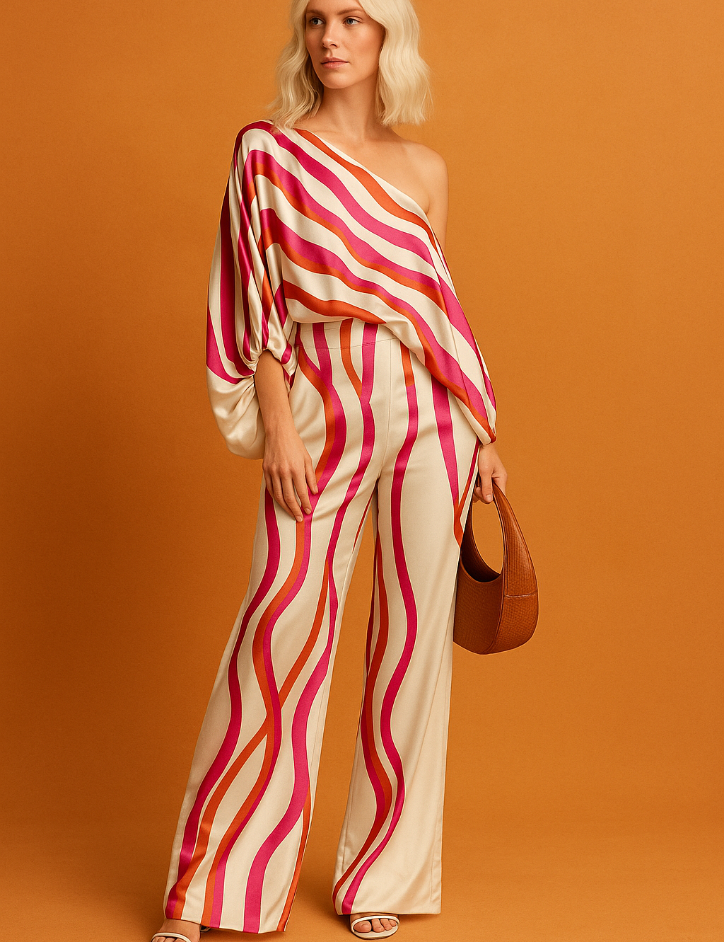 Cream satin two-piece set with magenta, red, and orange wavy stripes, designed with an off-shoulder oversized blouse and matching high-waisted wide-leg trousers, accessorized with a brown crescent bag and heeled sandals.