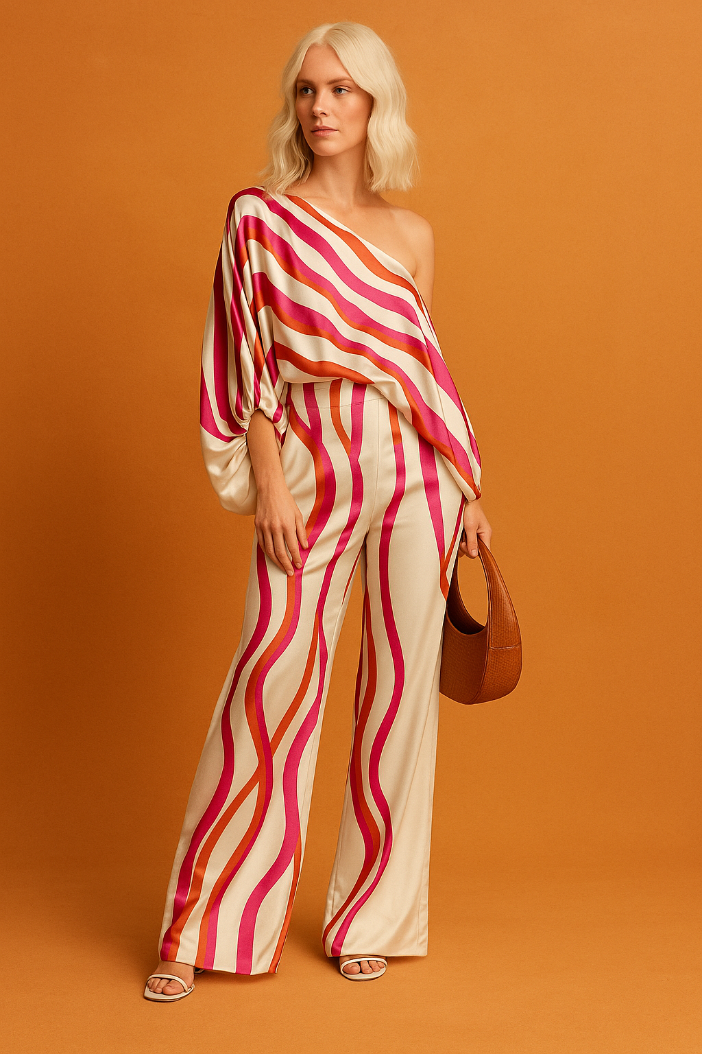 Cream satin two-piece set with magenta, red, and orange wavy stripes, designed with an off-shoulder oversized blouse and matching high-waisted wide-leg trousers, accessorized with a brown crescent bag and heeled sandals.