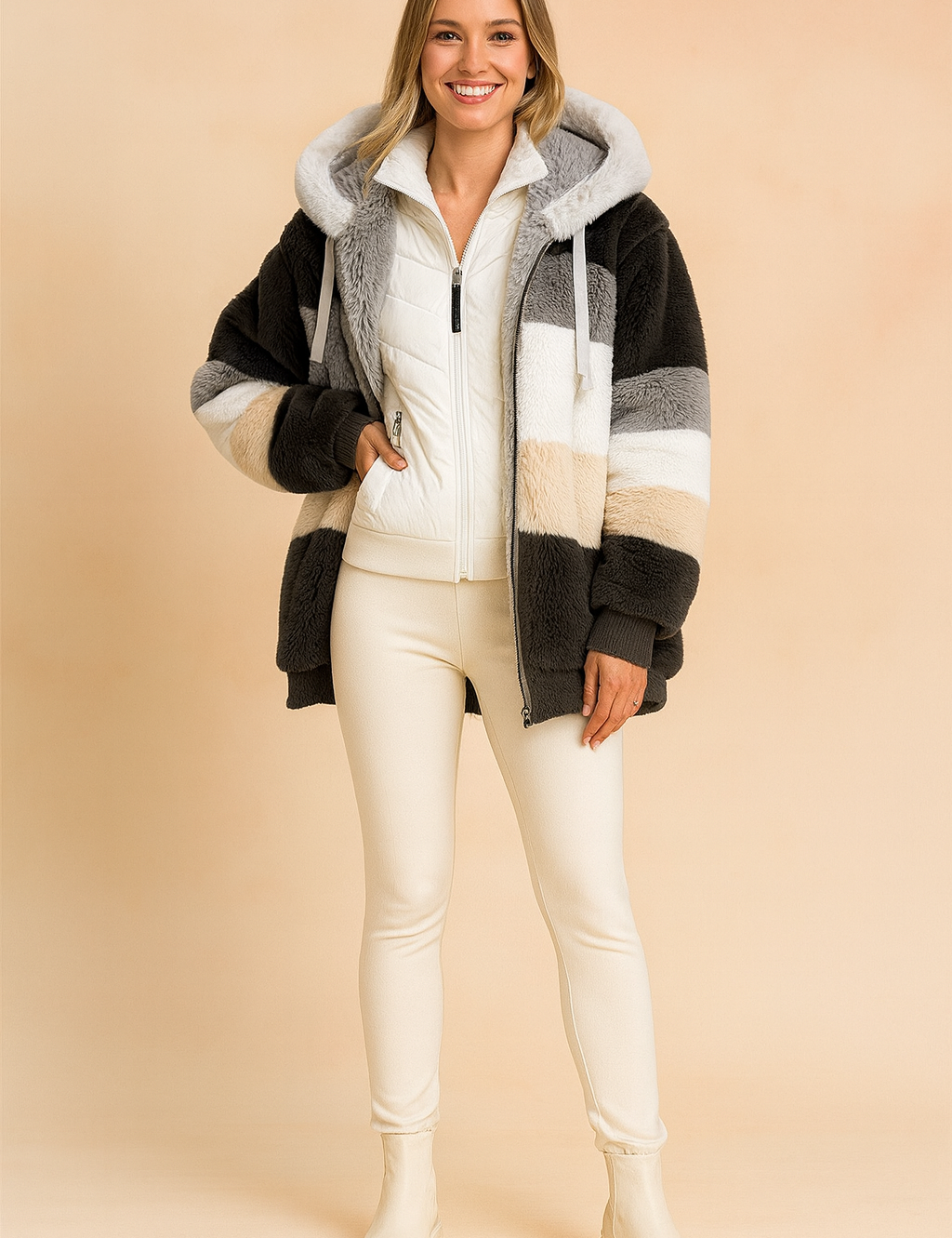 Color-block faux fur hooded jacket in black, grey, white, and beige stripes, paired with a white zip-up top, fitted cream trousers, and cream ankle boots.