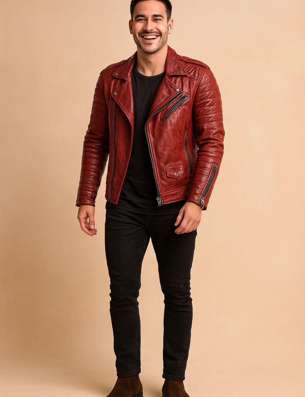 Stylish men's biker leather jacket in bold red with quilted sleeve details, zip accents, and a sleek slim-fit cut, designed for a modern and edgy streetwear look.