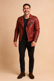 Stylish men's biker leather jacket in bold red with quilted sleeve details, zip accents, and a sleek slim-fit cut, designed for a modern and edgy streetwear look.