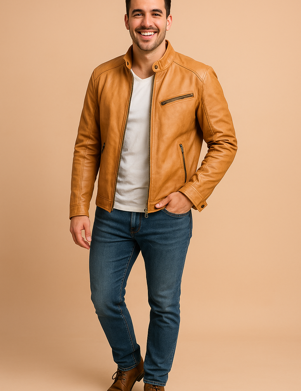 Slim-fit tan leather moto jacket with asymmetric chest zipper and snap collar, styled with clean seam detailing and vertical side pockets.