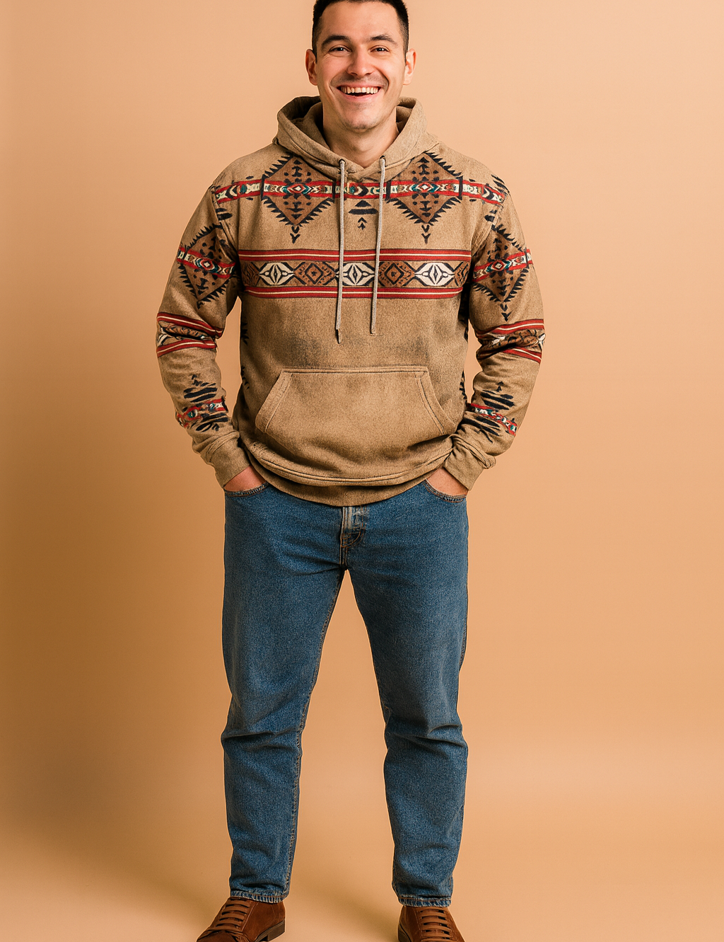 Men's tan tribal patterned hoodie with geometric red, black, and brown designs, paired with blue denim jeans and brown leather shoes