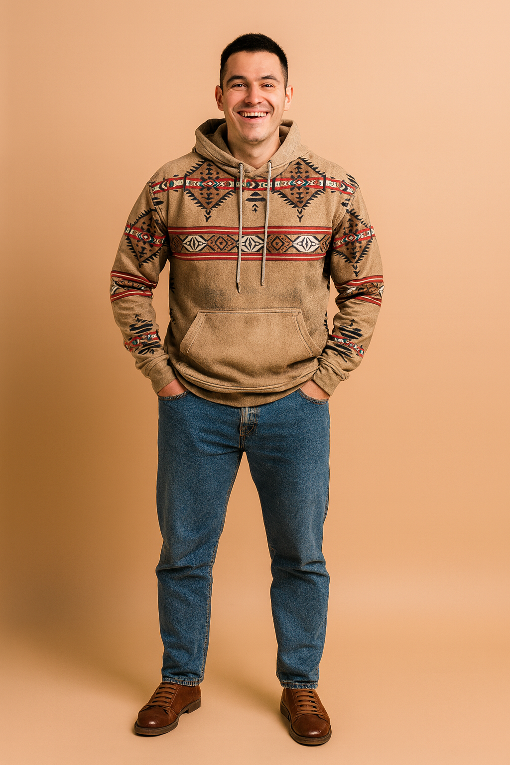 Men's tan tribal patterned hoodie with geometric red, black, and brown designs, paired with blue denim jeans and brown leather shoes