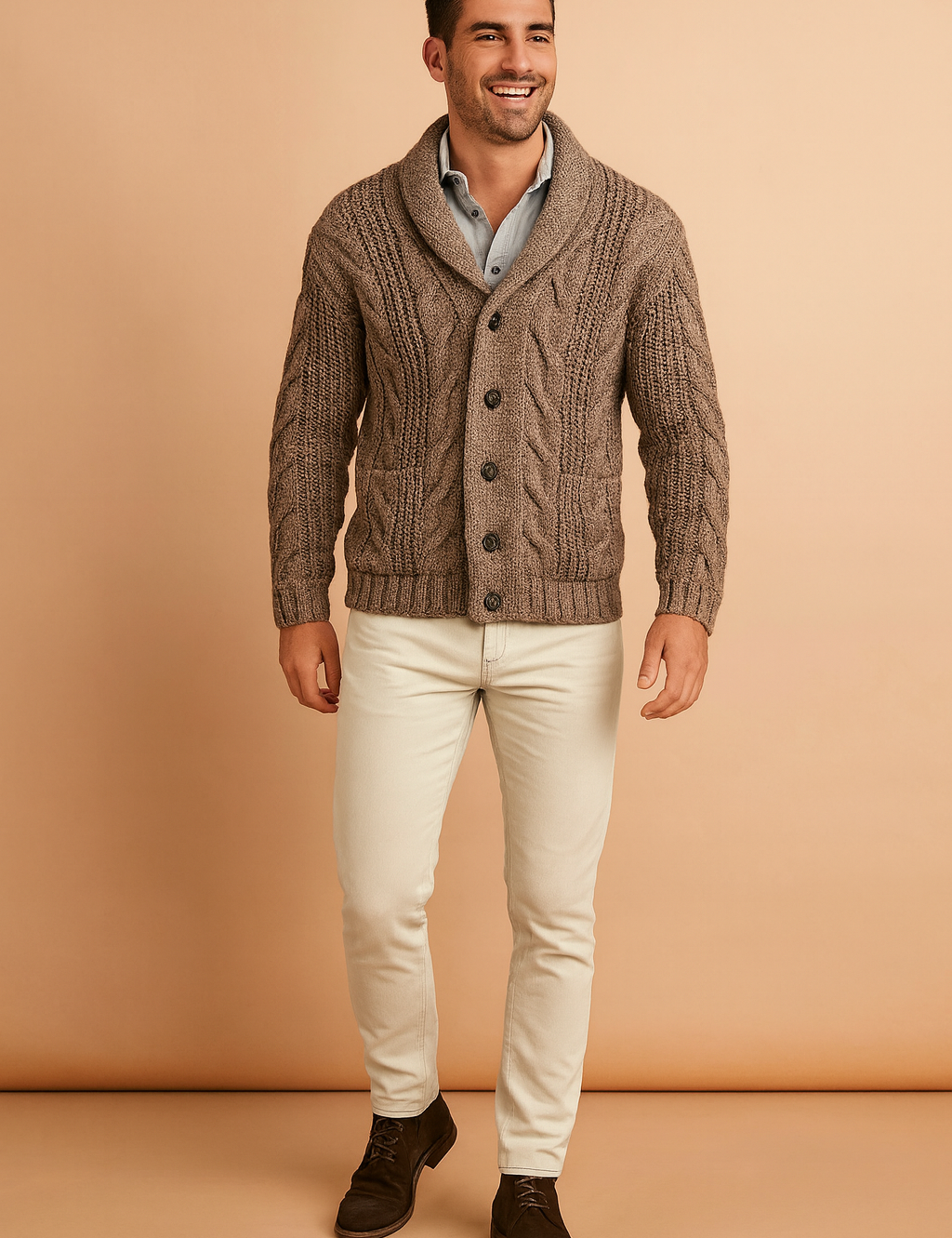 Taupe button-up cable knit cardigan with shawl collar, ribbed cuffs, and textured cable patterns, styled over a casual shirt and paired with slim off-white pants and dark brown lace-up shoes.