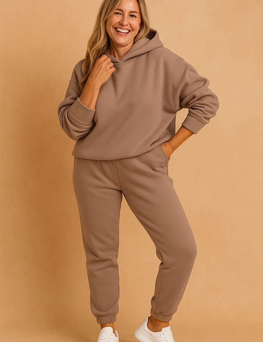 Taupe oversized hoodie and matching jogger pants in a soft fleece-textured fabric, styled casually with white sneakers.