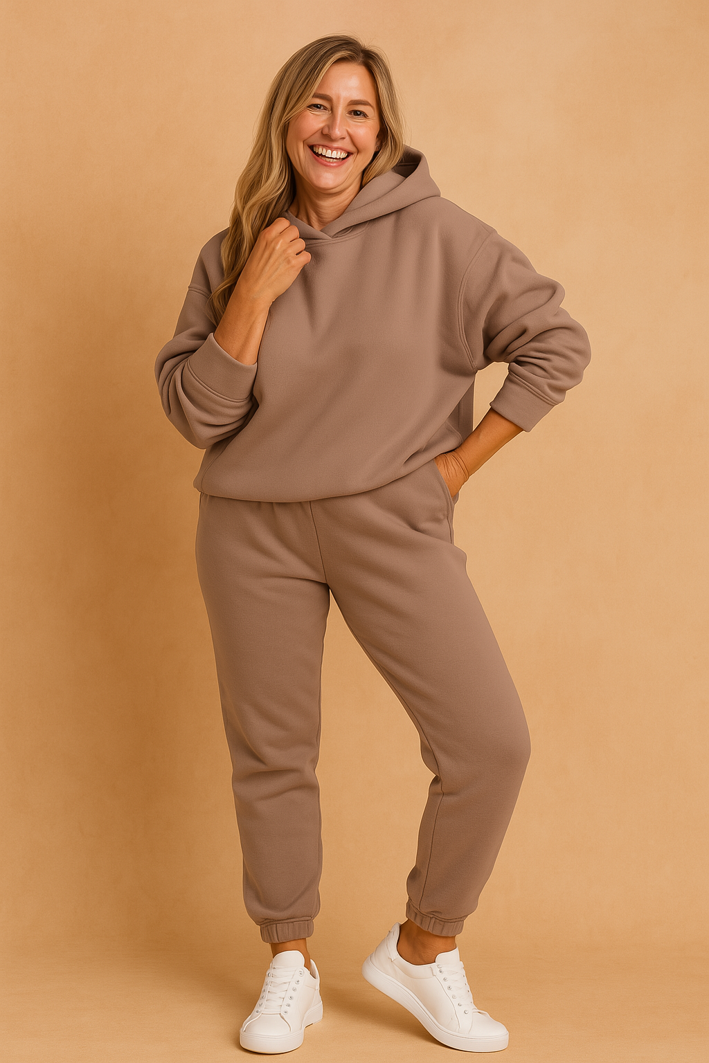 Taupe oversized hoodie and matching jogger pants in a soft fleece-textured fabric, styled casually with white sneakers.