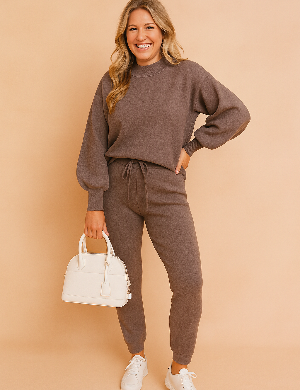 Two-piece knit lounge set featuring a relaxed-fit taupe pullover top with balloon sleeves and matching high-waisted drawstring pants, both crafted in a soft textured fabric. Styled with clean white sneakers and a structured white handbag for a cozy yet polished casual look.