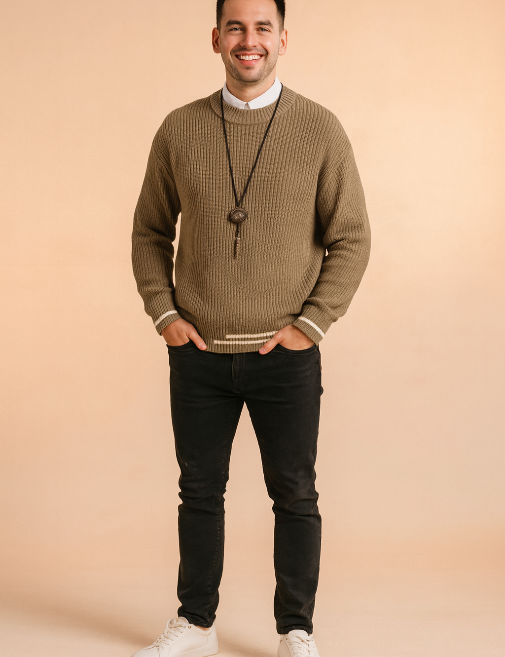 Men’s taupe ribbed knit sweater with white stripe cuff and hem accents, paired with black slim-fit trousers and a necklace for a stylish, casual look.