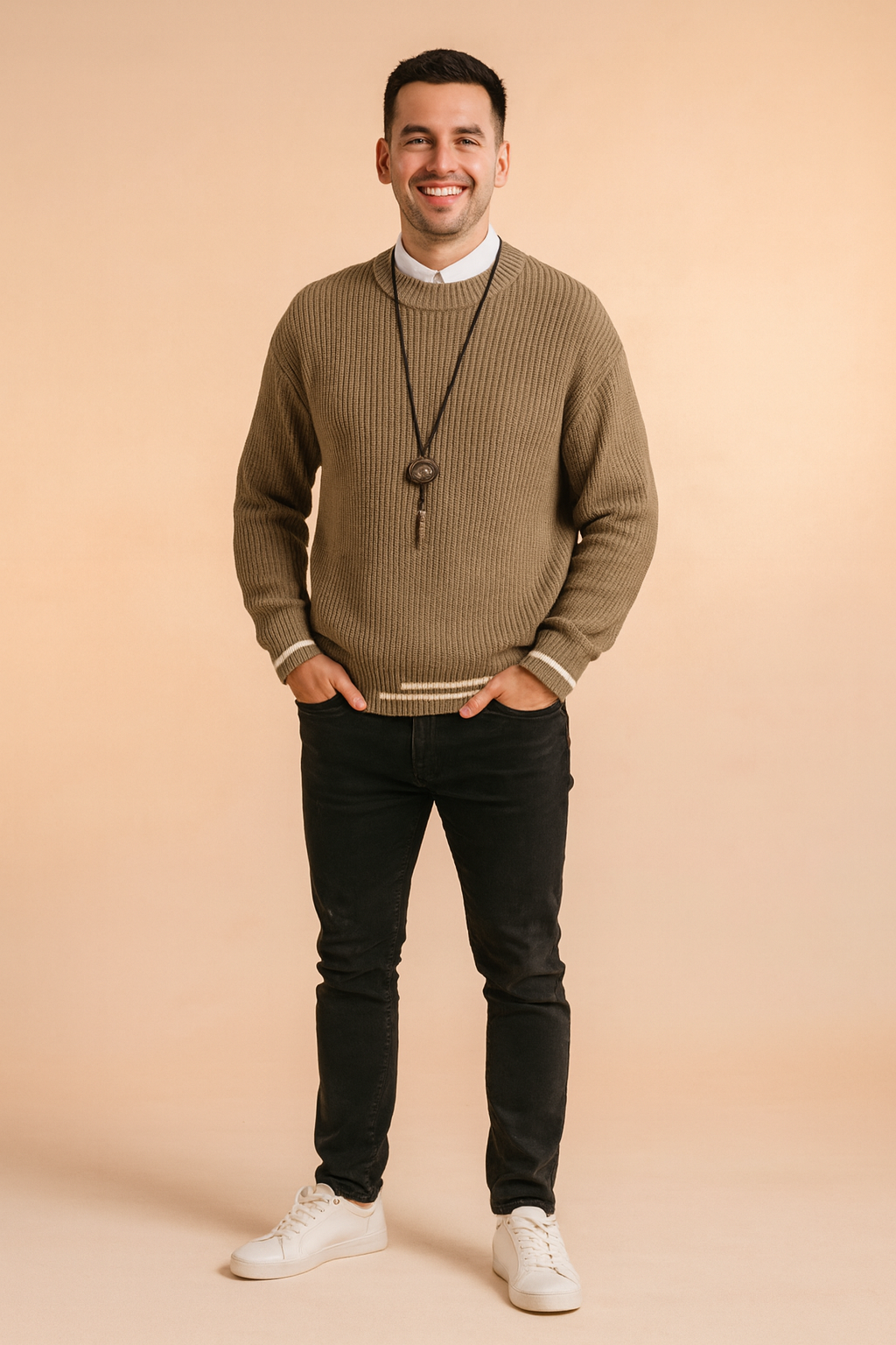 Men’s taupe ribbed knit sweater with white stripe cuff and hem accents, paired with black slim-fit trousers and a necklace for a stylish, casual look.