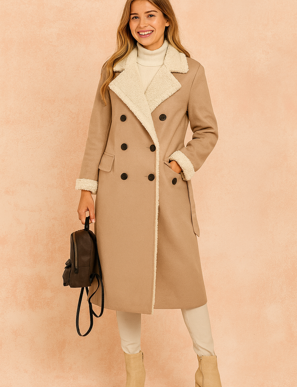 Taupe shearling-lined trench coat with wide lapels and double-breasted design, styled with beige pants, ankle boots, and a brown leather backpack.