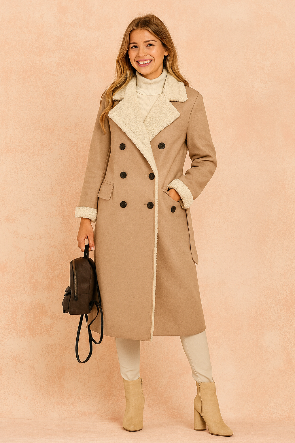 Taupe shearling-lined trench coat with wide lapels and double-breasted design, styled with beige pants, ankle boots, and a brown leather backpack.