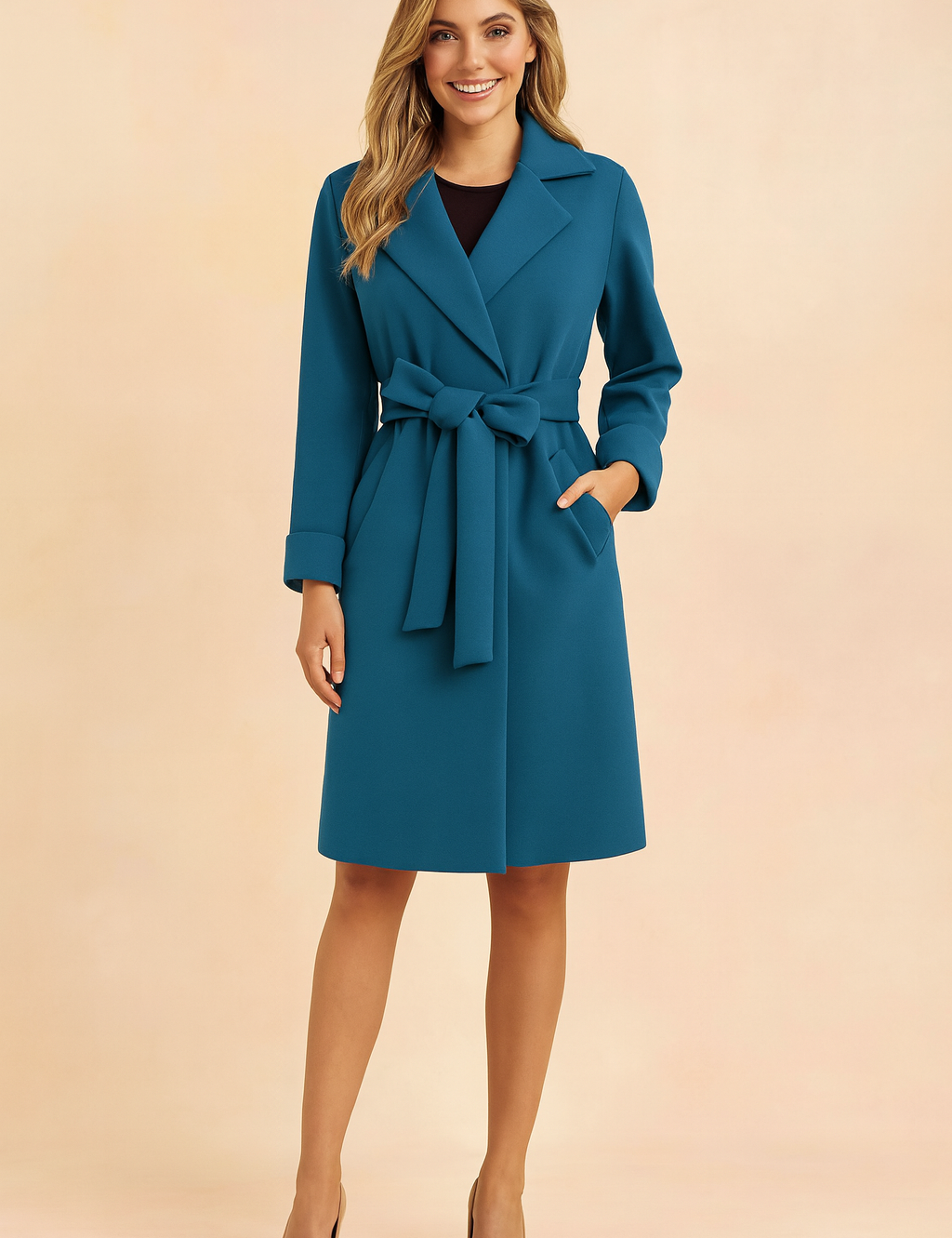 Teal belted wrap coat with wide lapels and front pockets, styled with a black inner top and beige pumps.