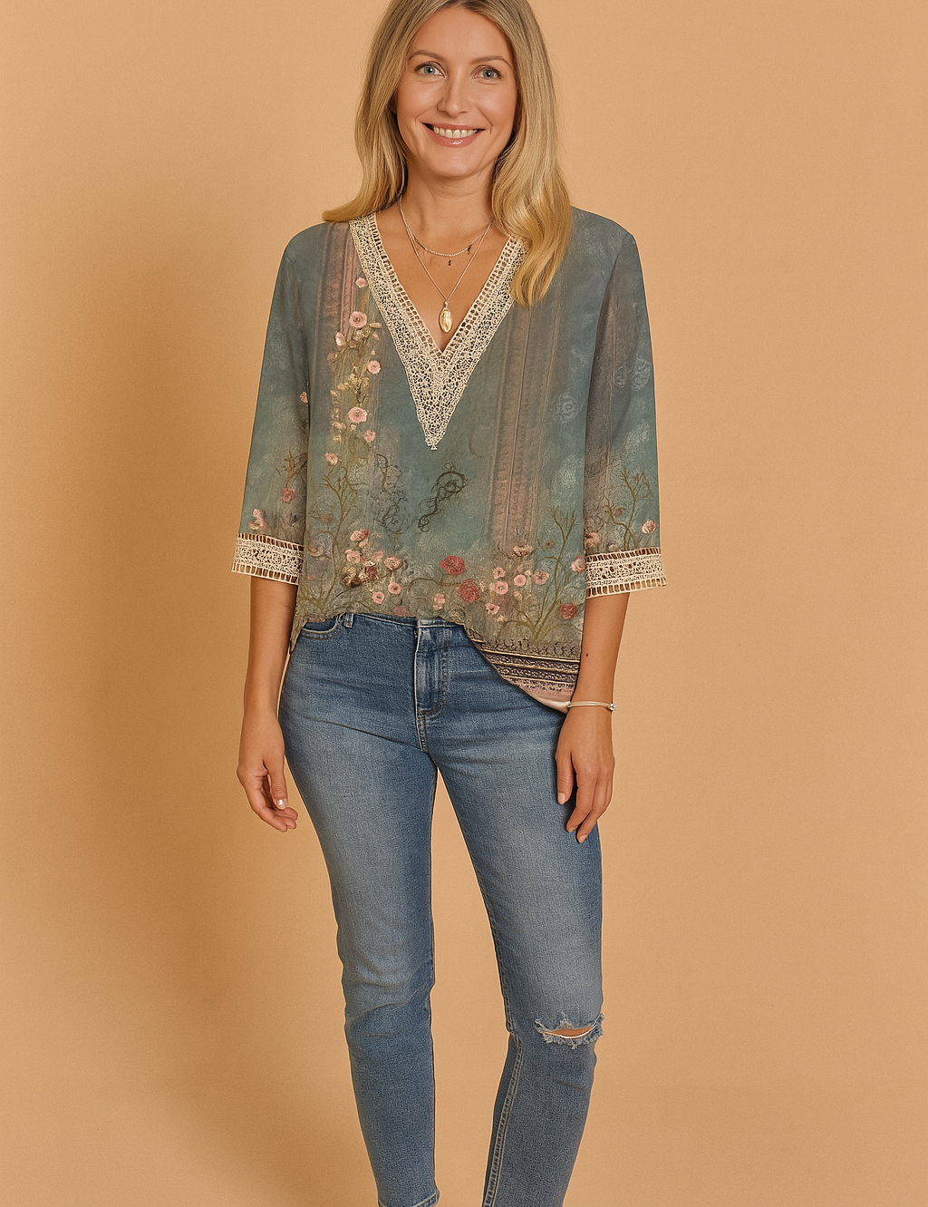 Teal floral print V-neck blouse with lace trim and three-quarter sleeves, featuring a vintage-inspired botanical design and paired with light blue denim jeans.