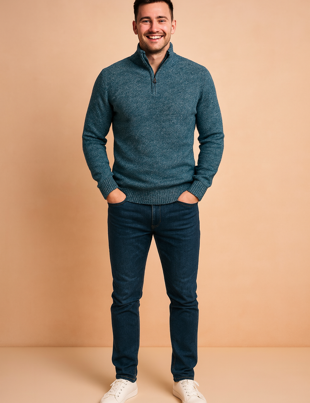 Men’s teal heathered quarter-zip sweater with ribbed cuffs and hem, styled with dark blue slim-fit jeans and white sneakers.