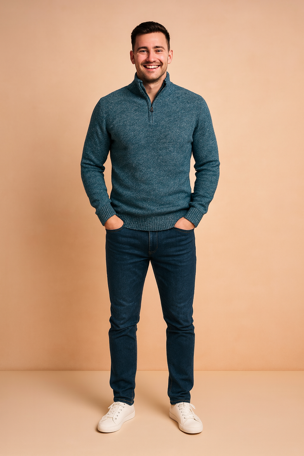 Men’s teal heathered quarter-zip sweater with ribbed cuffs and hem, styled with dark blue slim-fit jeans and white sneakers.
