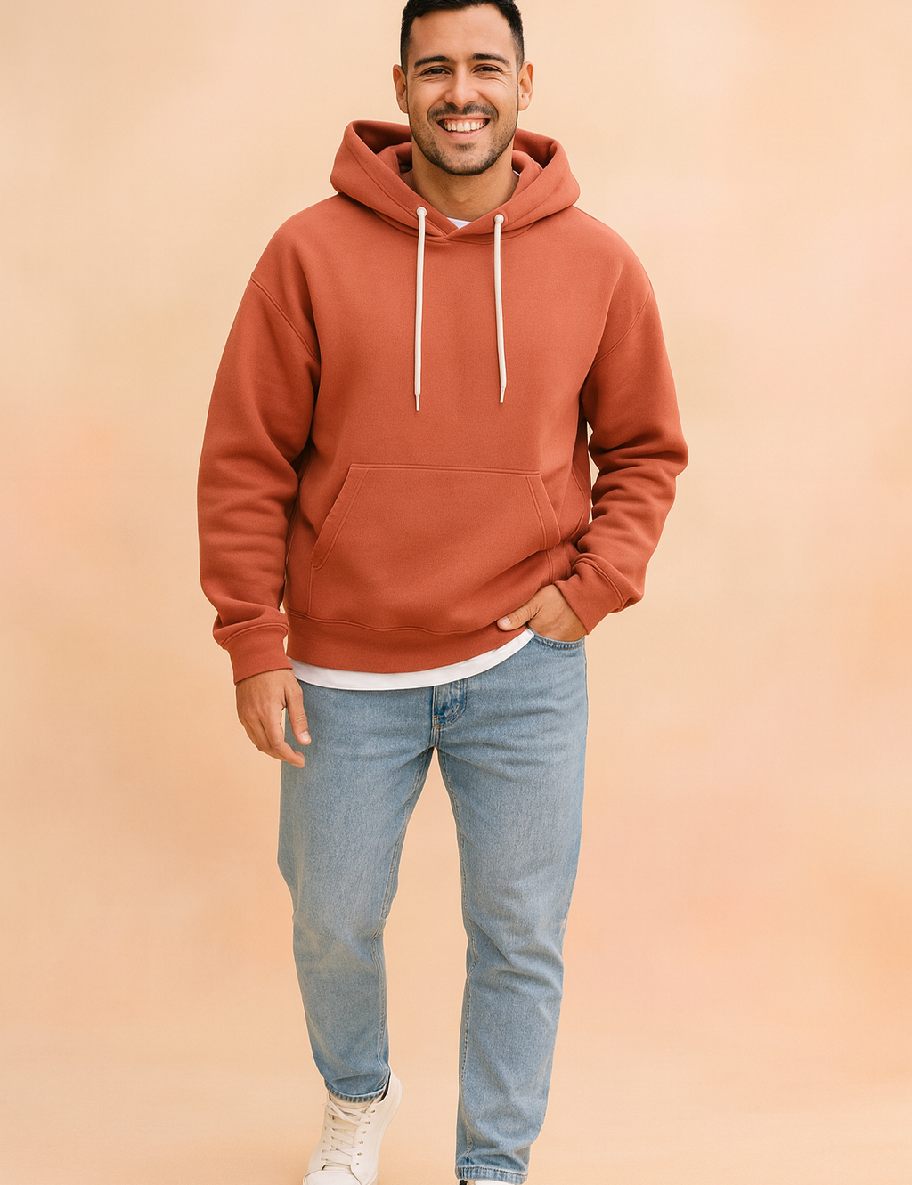 Terracotta hoodie with kangaroo pocket and drawstrings paired with light blue jeans and white sneakers, offering a casual and modern streetwear look.
