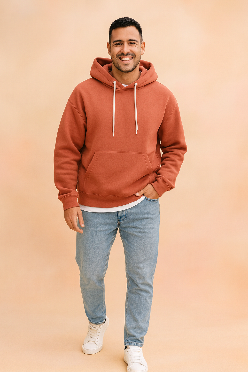 Terracotta hoodie with kangaroo pocket and drawstrings paired with light blue jeans and white sneakers, offering a casual and modern streetwear look.