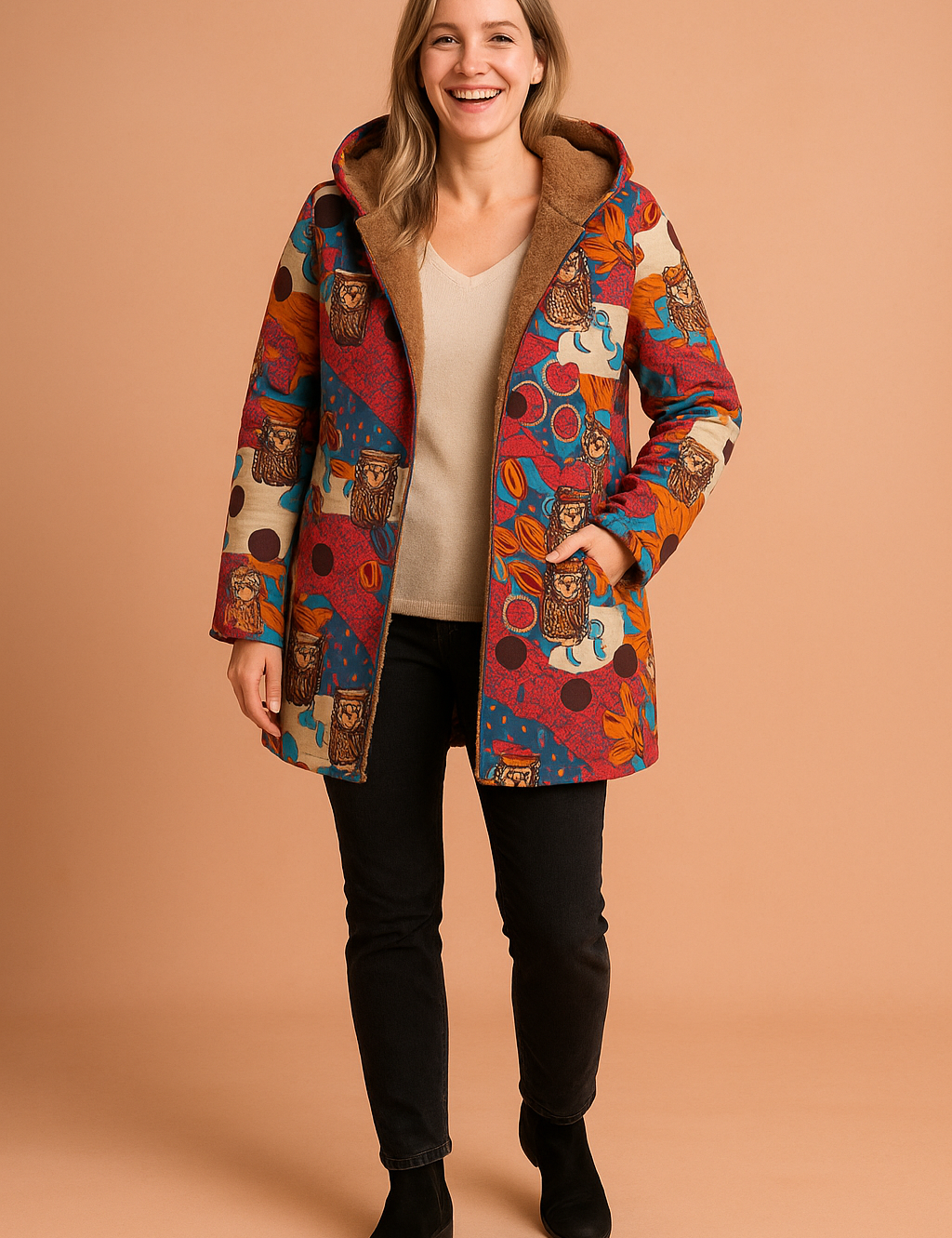 Colorful fleece-lined open-front hooded coat with abstract multicolor tribal print in red, orange, blue, and cream, featuring long sleeves and a cozy soft brown teddy lining.