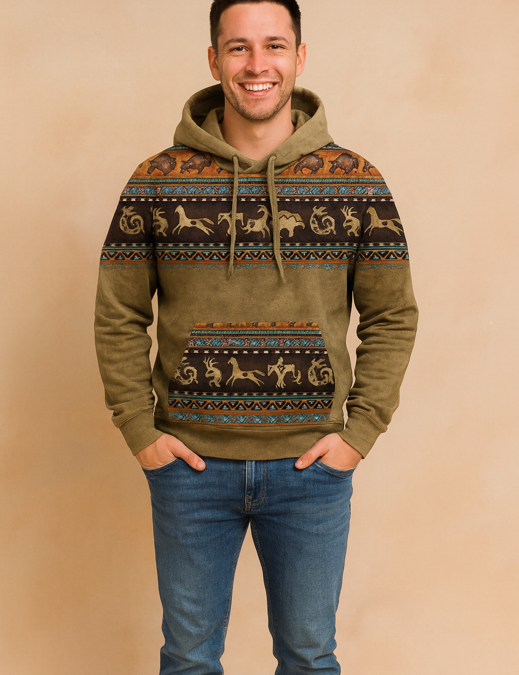 Khaki-brown hoodie with tribal-inspired multicolor prints featuring animal motifs, styled with slim blue jeans and casual sneakers.