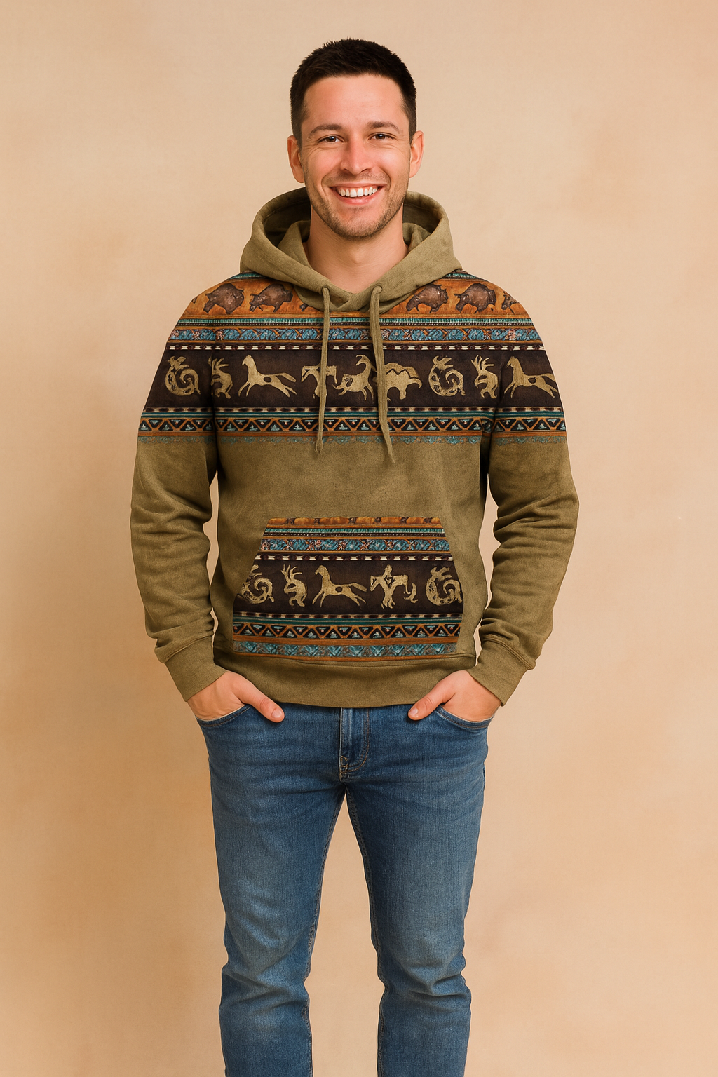 Khaki-brown hoodie with tribal-inspired multicolor prints featuring animal motifs, styled with slim blue jeans and casual sneakers.
