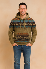 Khaki-brown hoodie with tribal-inspired multicolor prints featuring animal motifs, styled with slim blue jeans and casual sneakers.