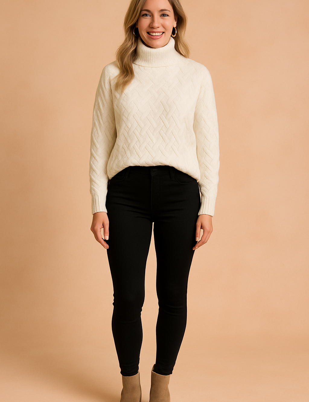 Ivory turtleneck sweater with textured basketweave knit, neatly tucked into high-waisted black skinny pants and styled with taupe ankle boots.