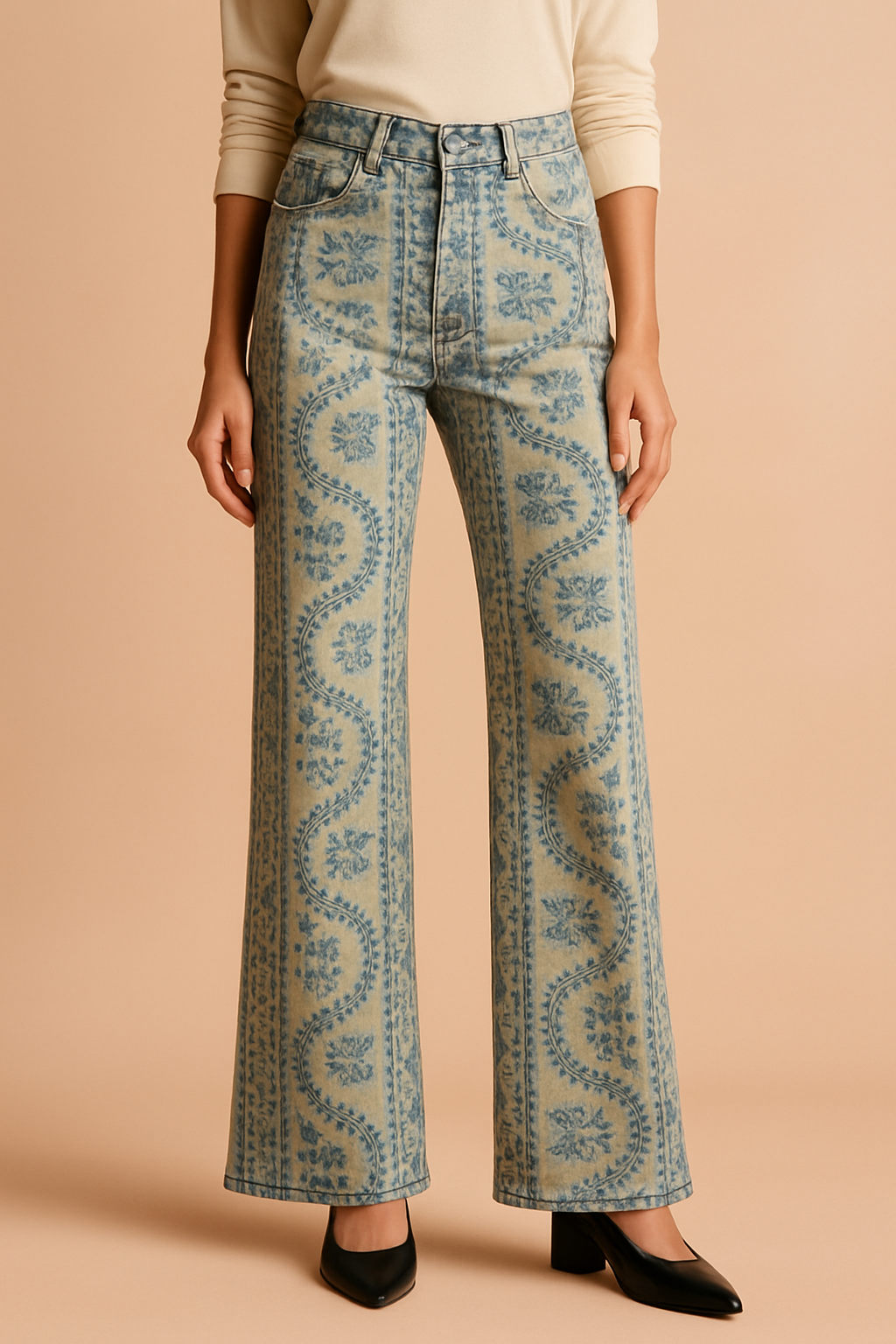 High-waisted wide-leg jeans featuring a vintage-inspired blue floral and vine tapestry print on a soft beige base, styled with a clean hem and classic five-pocket structure.