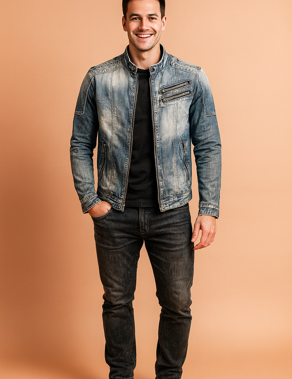 Men’s washed denim-style moto jacket with front zipper, chest zip pockets, and detailed stitching, designed in a slim-fit cut for a modern casual look.