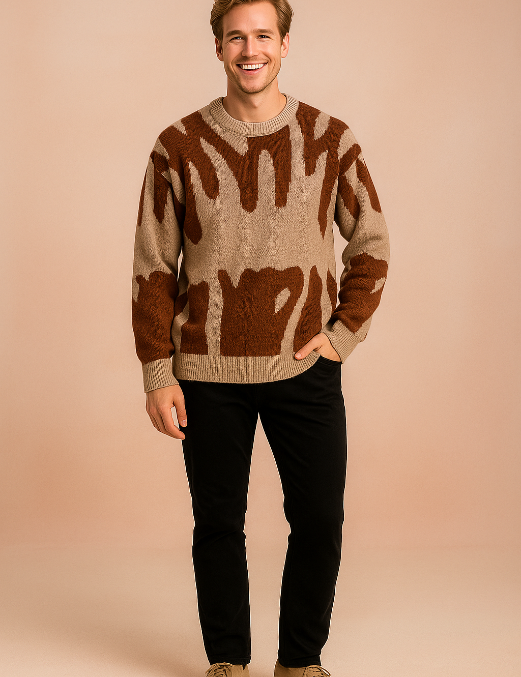 Beige crewneck sweater with bold brown abstract pattern, styled with black pants and beige suede shoes.