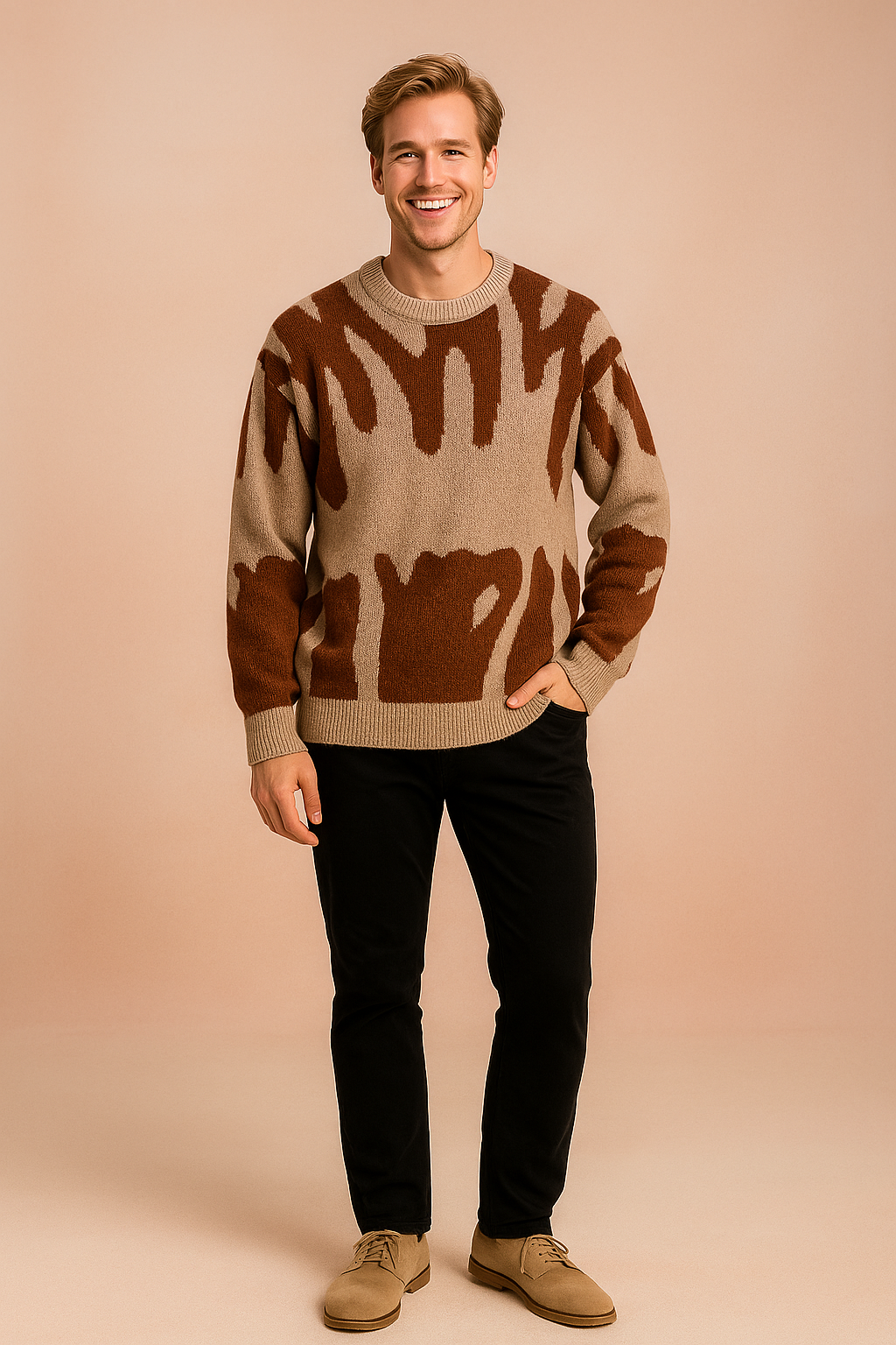 Beige crewneck sweater with bold brown abstract pattern, styled with black pants and beige suede shoes.
