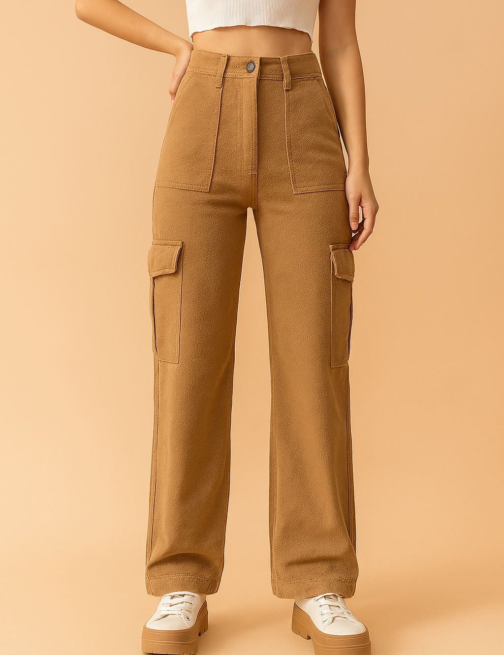 High-waisted camel cargo pants with large flap pockets and front patch detailing, styled with white platform sneakers for a modern casual look.