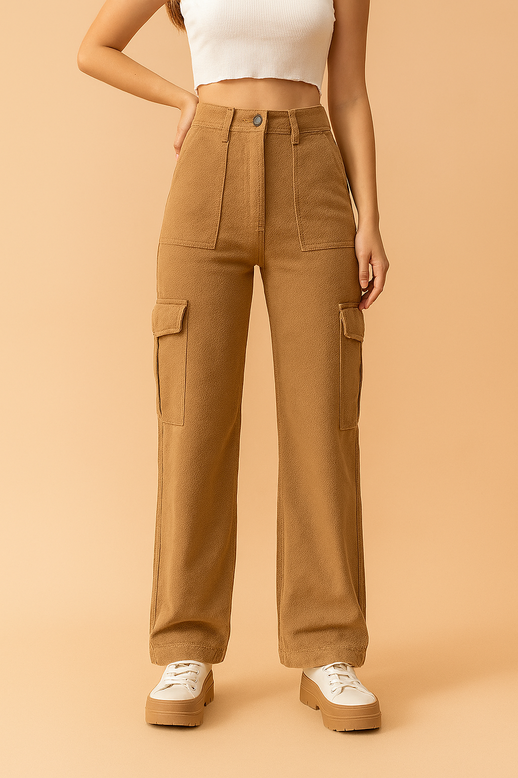 High-waisted camel cargo pants with large flap pockets and front patch detailing, styled with white platform sneakers for a modern casual look.