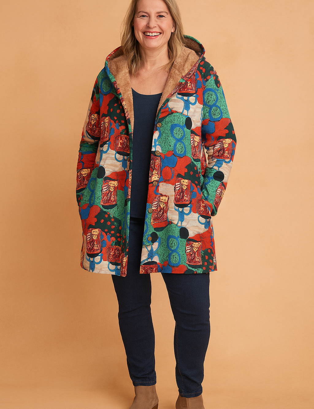 Colorful patchwork fleece-lined hooded coat with matryoshka doll print, cozy tan sherpa interior, front button closure, and long sleeves in a vibrant red, teal, green, and navy palette.