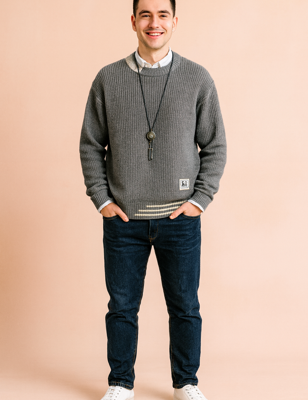 Ribbed crew neck sweater in dark gray with cream contrast collar detail, white inner shirt, stripe accents on cuffs and hem, and a decorative pendant necklace.