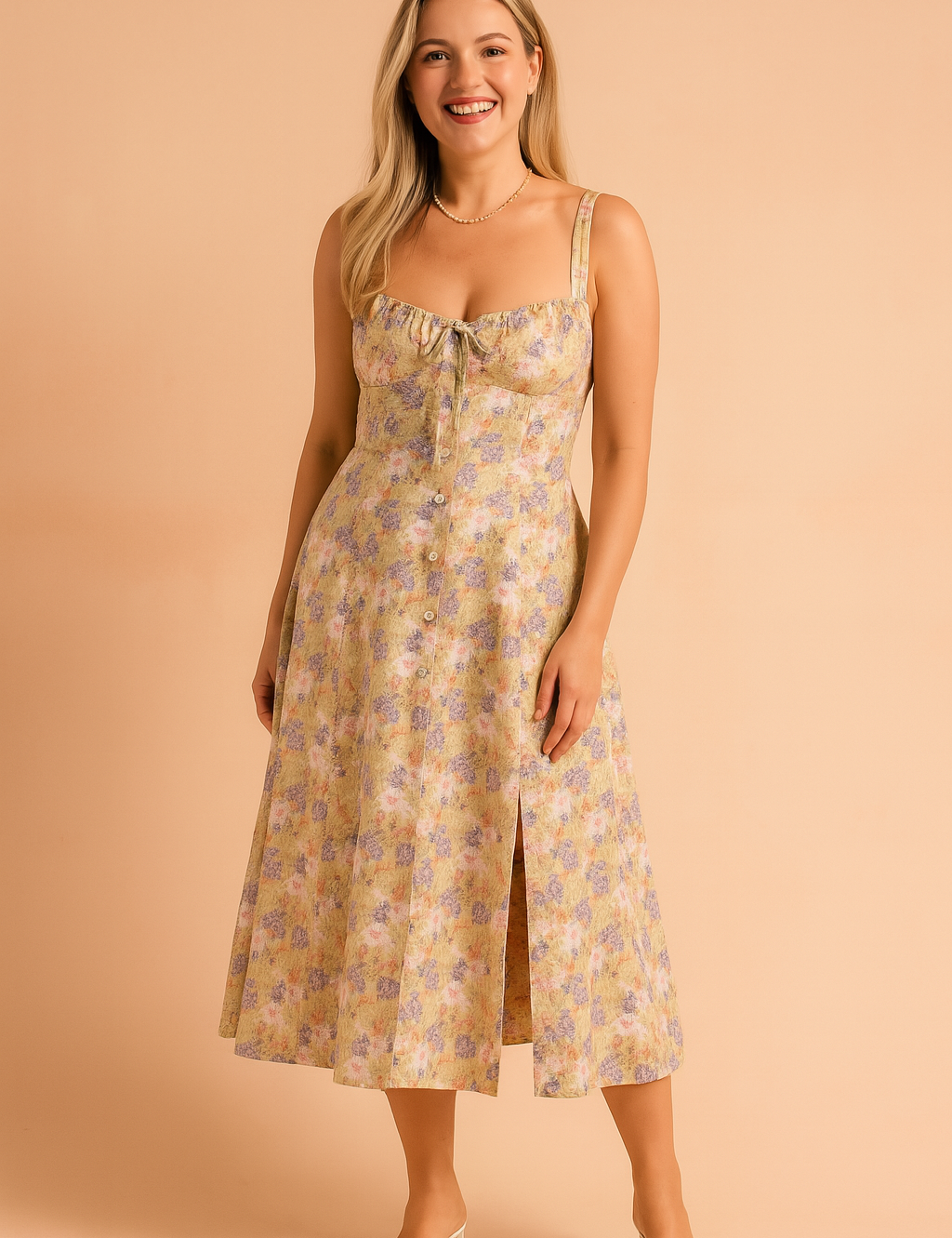 Vintage-inspired floral midi dress with a fitted bodice, button-down front, soft ruched neckline, adjustable shoulder straps, and a thigh-high front slit.