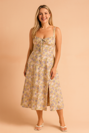 Vintage-inspired floral midi dress with a fitted bodice, button-down front, soft ruched neckline, adjustable shoulder straps, and a thigh-high front slit.