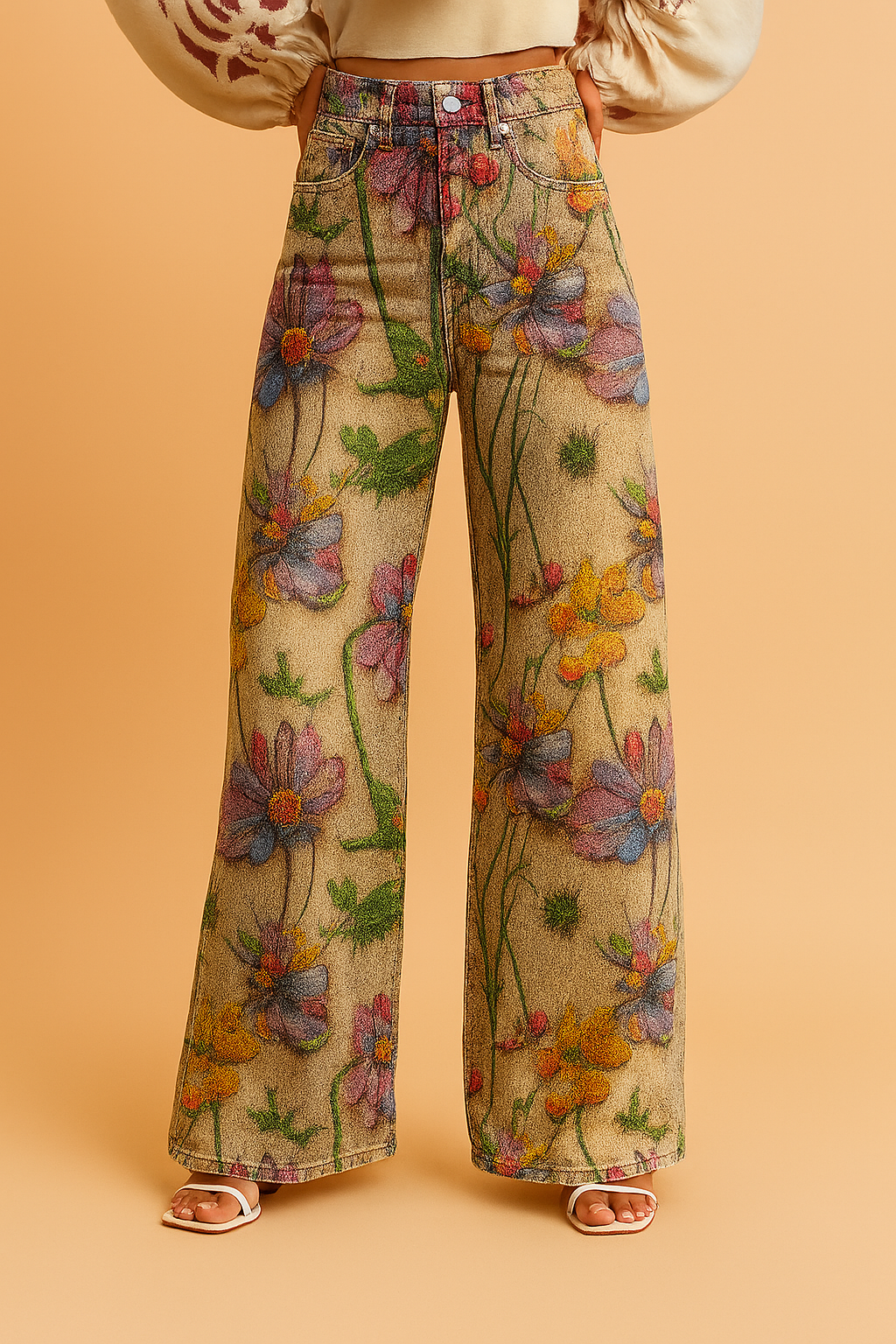 Wide-leg high-waisted jeans with a vibrant all-over floral print in purple, orange, red, and green tones, featuring a five-pocket design and a button fly closure, styled with open-toe sandals.