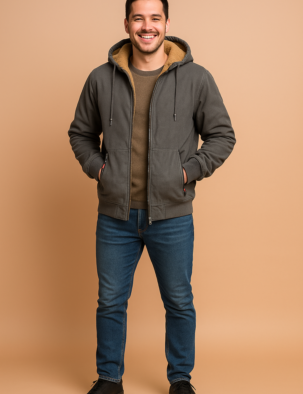Gray winter fleece-lined hoodie jacket with drawstring hood, ribbed cuffs, dual front zipper pockets, and soft tan sherpa interior—perfect for urban cold-weather wear.