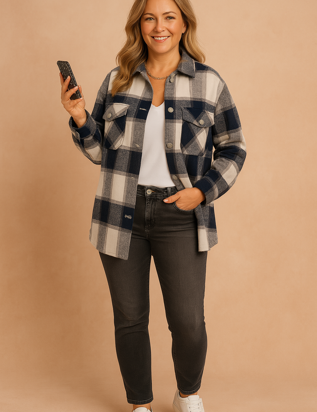 Navy and cream oversized plaid shirt jacket with flap pockets and silver snap buttons, styled over a white V-neck tee and fitted washed black jeans, paired with white leather sneakers and a silver chain necklace.