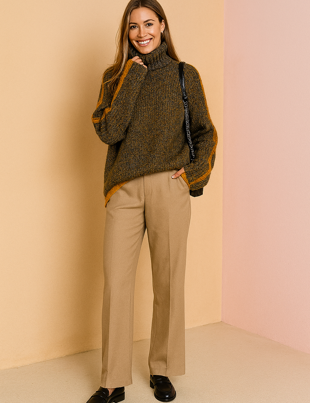 Chunky rib-knit multicolor turtleneck sweater with orange side stripes paired with tailored beige wide-leg trousers and black leather loafers.