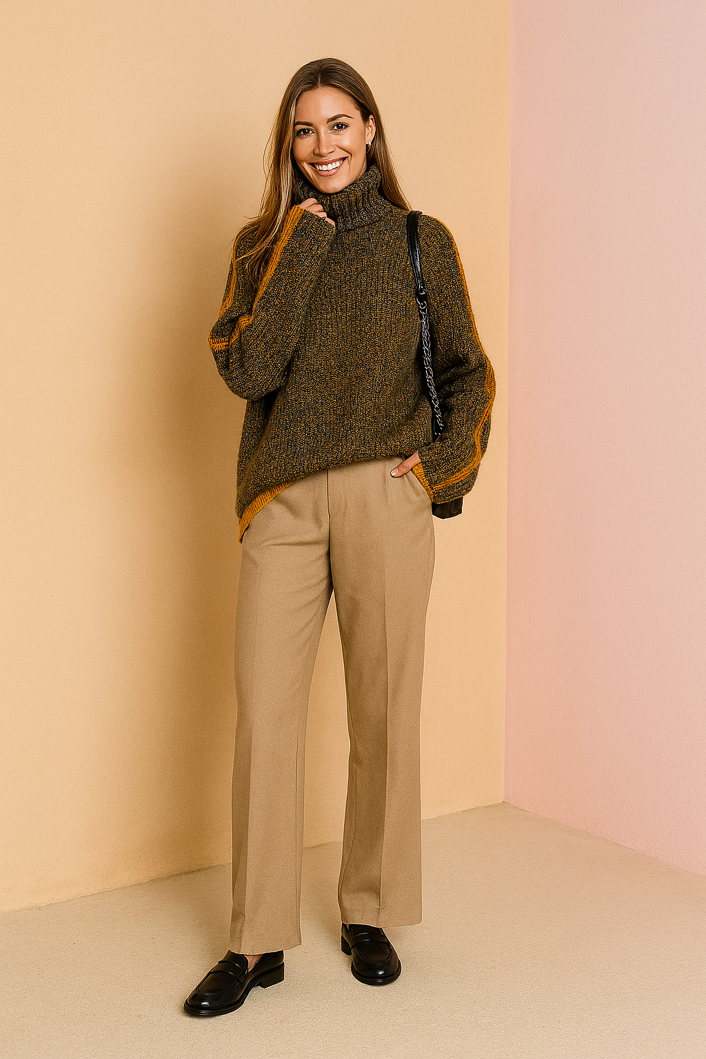 Chunky rib-knit multicolor turtleneck sweater with orange side stripes paired with tailored beige wide-leg trousers and black leather loafers.