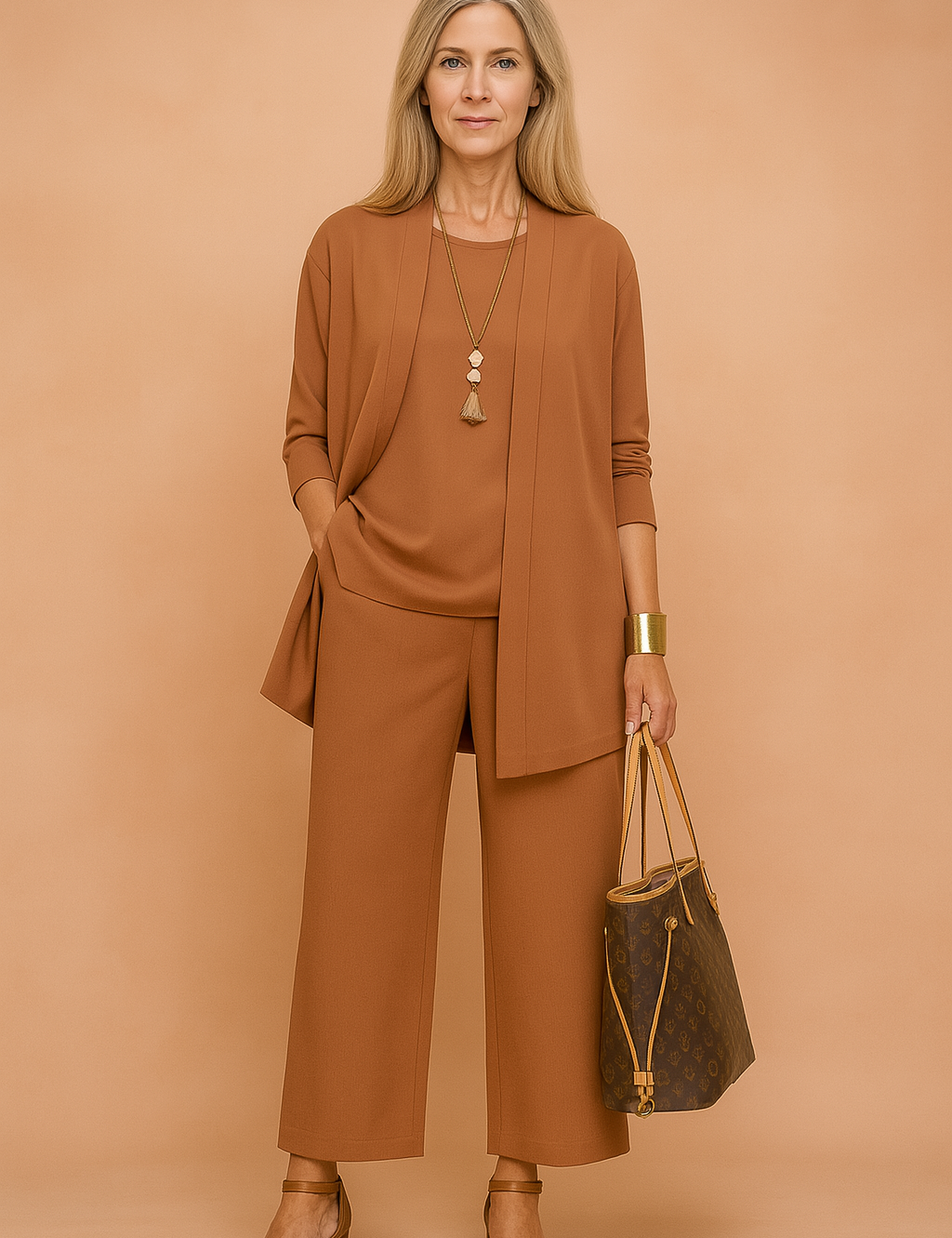 Elegant terracotta three-piece women's outfit featuring a longline open-front blazer, relaxed-fit sleeveless top, and wide-leg trousers, all crafted from a smooth, matte-finish fabric in a solid earth-tone hue.