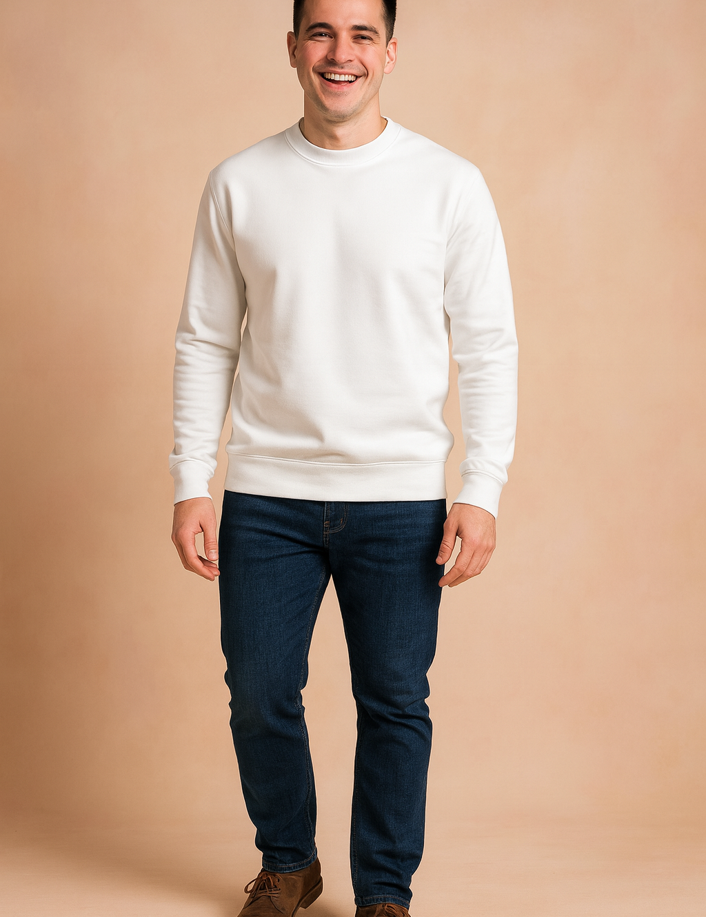 Men’s plain white crewneck sweatshirt with long sleeves, ribbed cuffs, and a clean minimalist design.