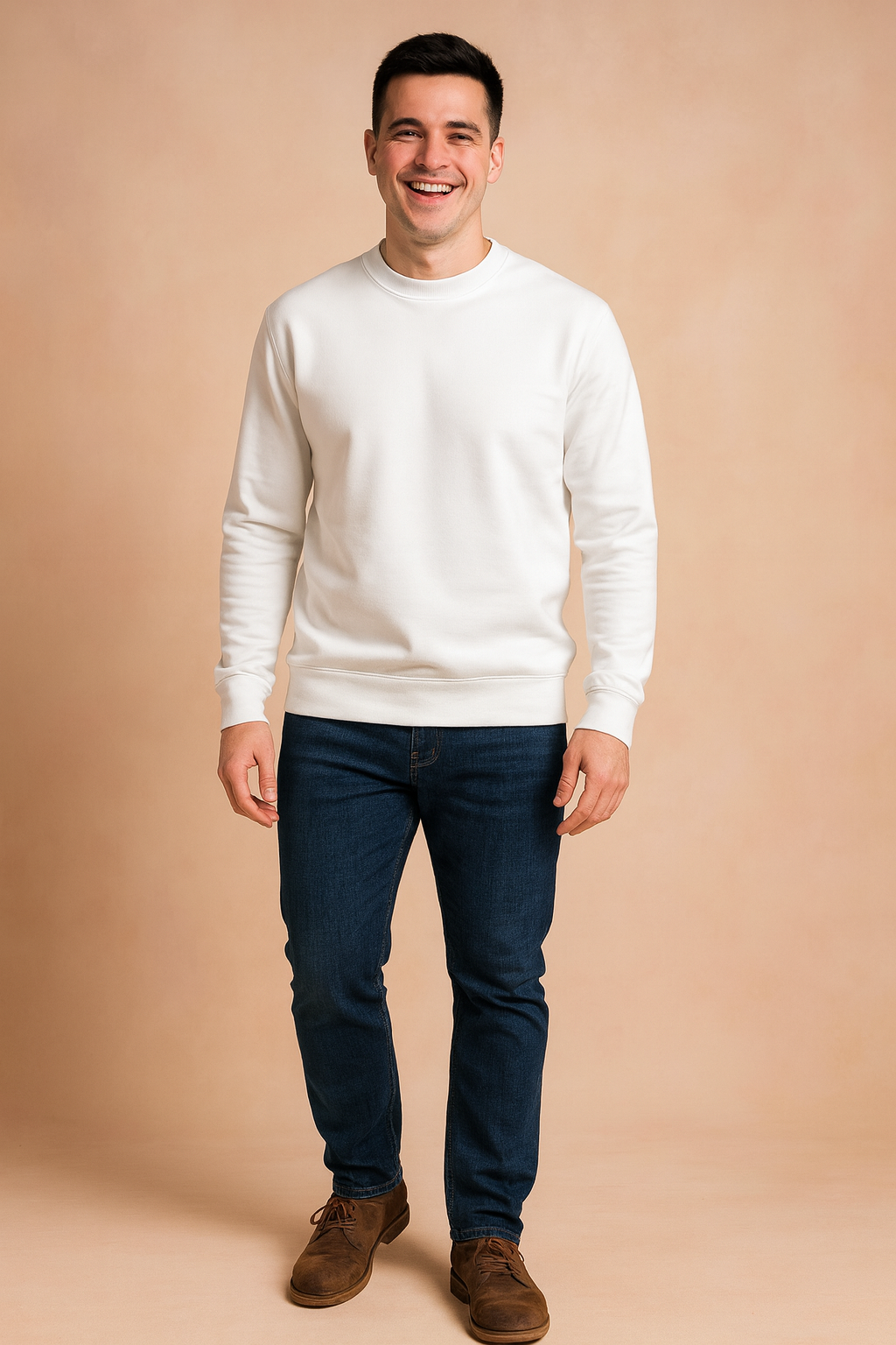 Men’s plain white crewneck sweatshirt with long sleeves, ribbed cuffs, and a clean minimalist design.