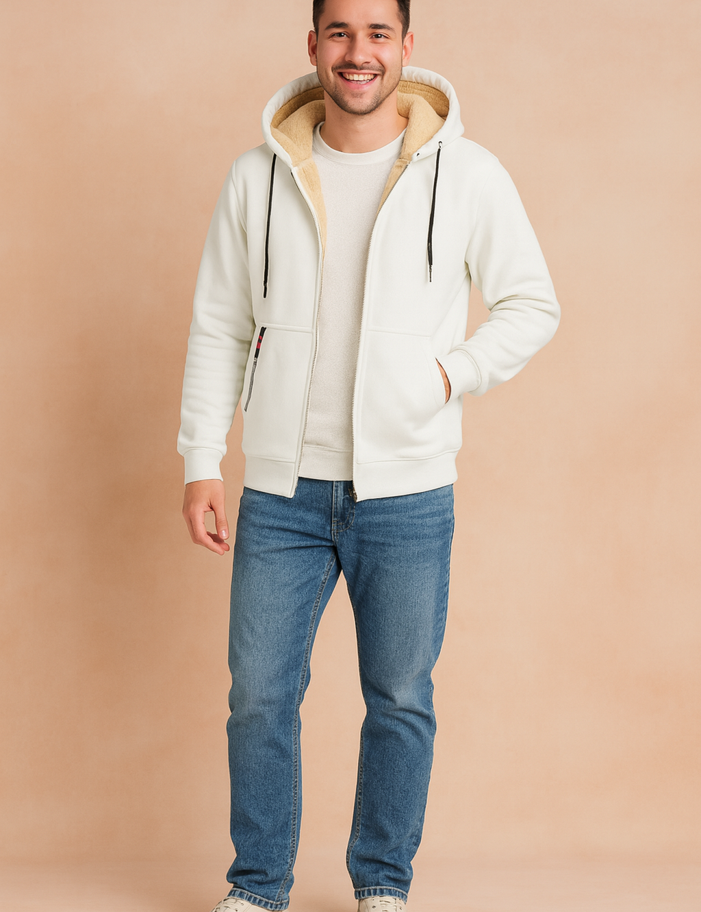 Men’s white fleece-lined hoodie with beige faux fur interior, featuring full zip closure, drawstring hood, and front pockets for warmth and casual style.